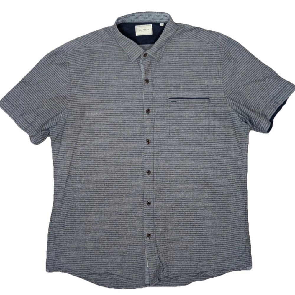 7 Diamonds Shirt Men's Medium Blue Gray Striped Short Sleeve Button Up Cotton
